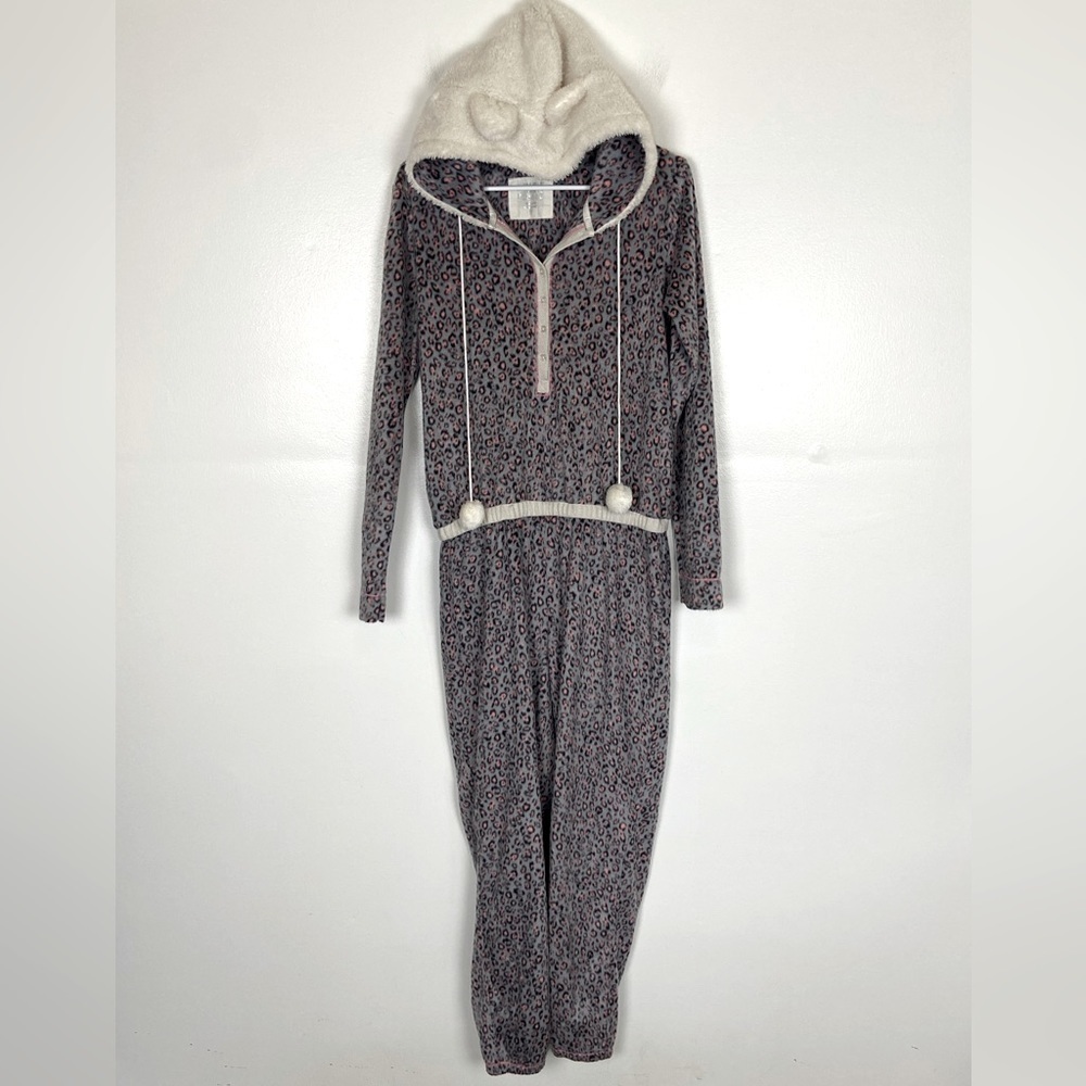 Kensie Fleece Jumpsuit Pajama Women’s Size M Teddy Bear Animal Print Gray & Pink